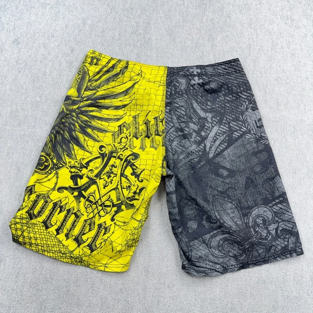 MMA Elite Board Shorts Men Large Yellow Gray Swim Trunks Skull Wings AOP Y2K